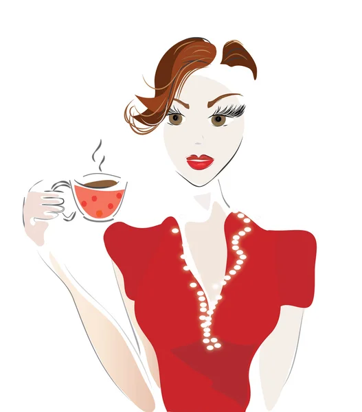 Chica con taza de café o té — Vector de stock