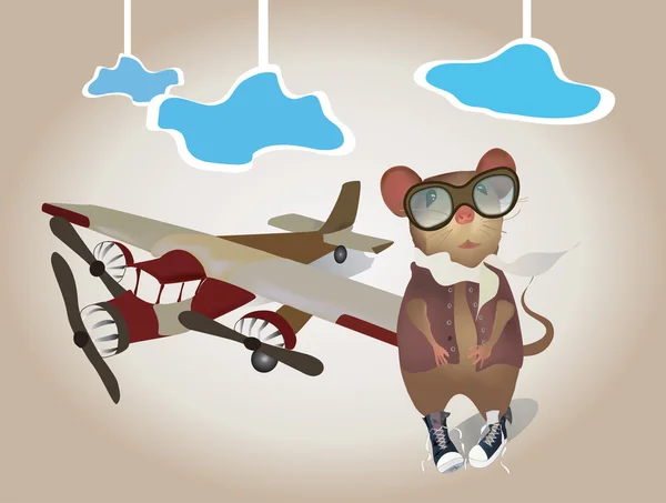 Pilot Tikus Kartun berseragam dengan Pesawat - Stok Vektor