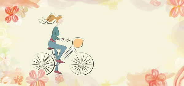 Žena na kole na květ akvarel zázemí — Stock fotografie