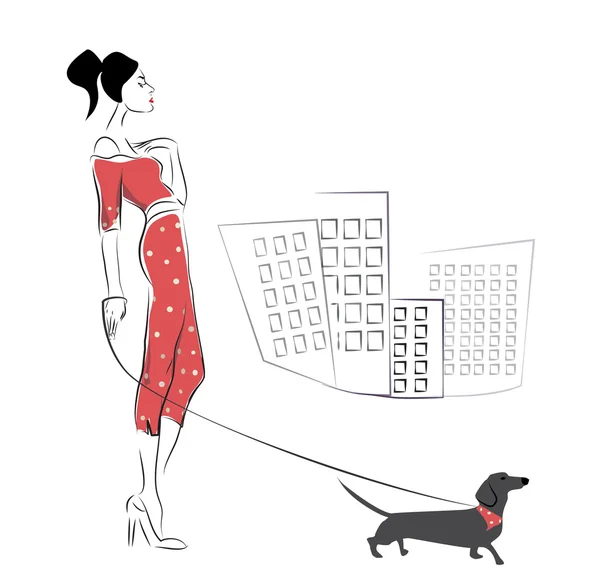 Chica caminando su dachshund — Archivo Imágenes Vectoriales