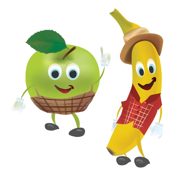 Cartoni animati Apple e Banana — Vettoriale Stock