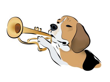Trompet üzerinde oynayan bir Beagle köpek resmi