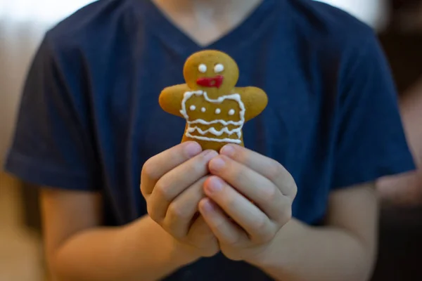 Boy Blue Shirt Holds Gingerbread Man Cookie His Hands — Stock Photo, Image