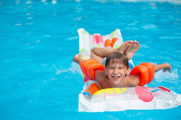 Happy Child Safely Swims Pool Air Mattress Armbands — Stock Photo, Image