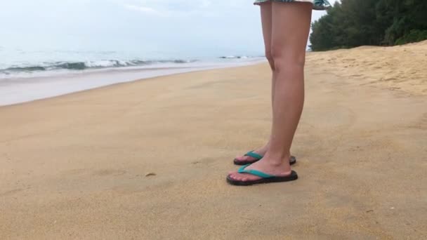 A woman wearing sandals walked along the beach, leaving footprints in the sand. They were washed by the waves of the sea. Concept of marine relaxation — Stock Video