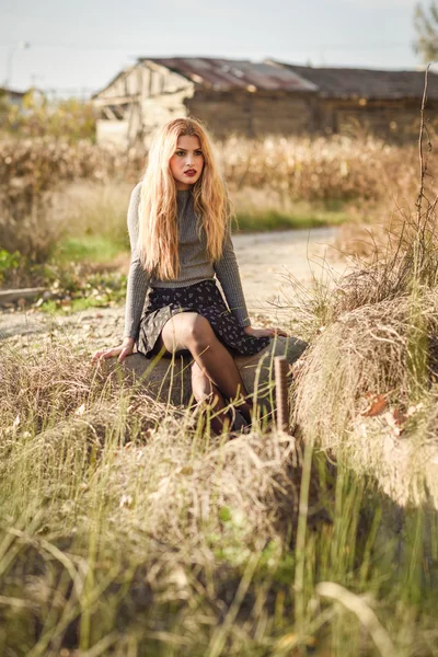 Hermosa joven rubia en el fondo rural — Foto de Stock