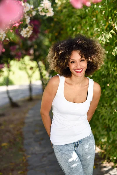 Giovane donna nera con acconciatura afro sorridente nel parco urbano — Foto Stock