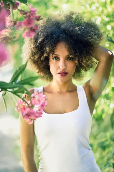 Jovem mulher negra com penteado afro sorrindo no parque urbano — Fotografia de Stock