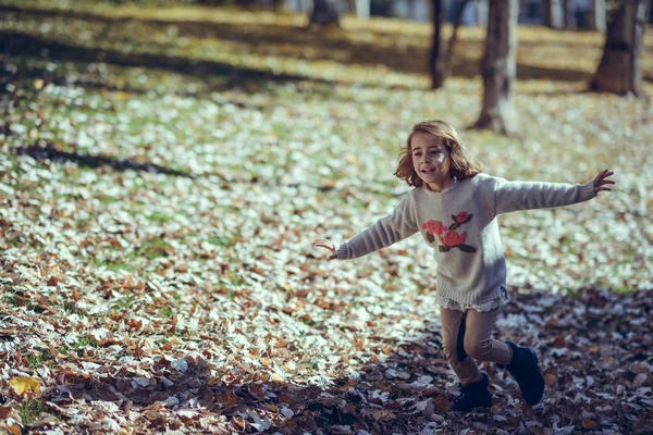 Kleines Mädchen spielt im Herbst im Stadtpark — Stockfoto