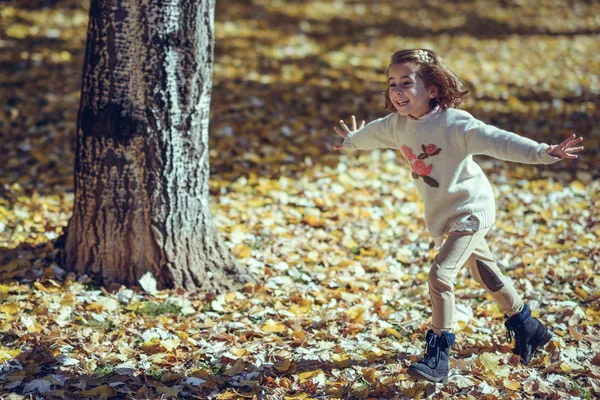 Niña jugando en un parque de la ciudad en otoño — Foto de Stock