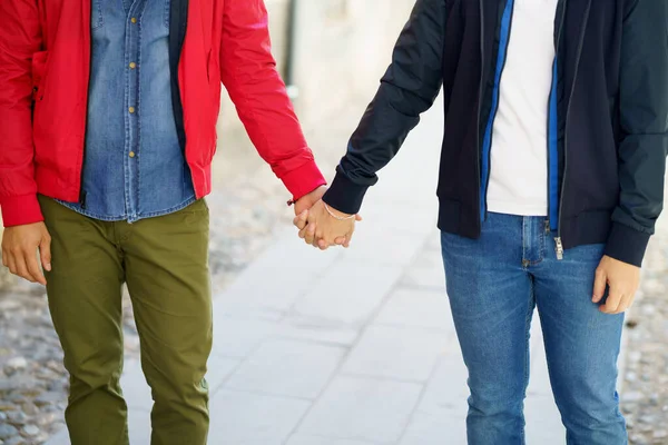 Gay coppia tenendosi per mano in il strada. — Foto Stock