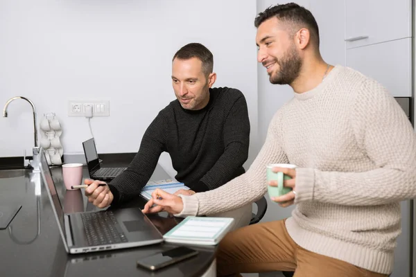 Pareja gay trabajando juntos en casa con sus computadoras portátiles. —  Fotos de Stock