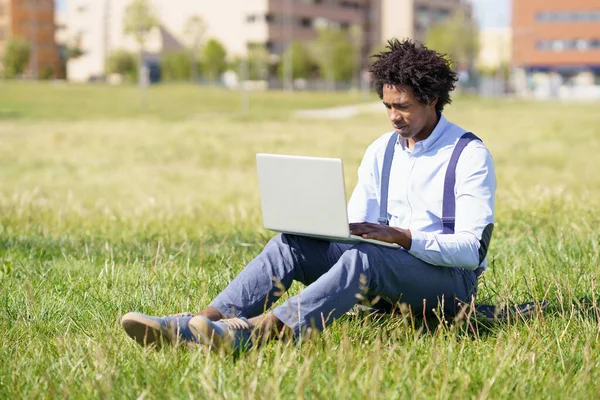 Uomo nero con i capelli afro utilizzando il suo computer portatile seduto su skateboard sull'erba di un parco urbano. — Foto Stock
