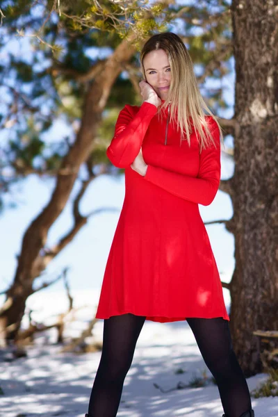 Νεαρή ξανθιά γυναίκα με κόκκινο φόρεμα και μαύρες κάλτσες στα χιονισμένα βουνά το χειμώνα. — Φωτογραφία Αρχείου