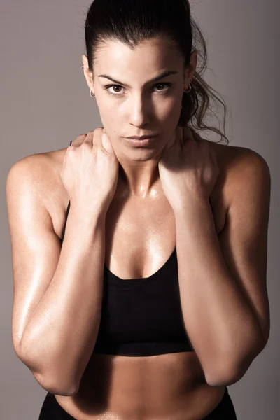 Mulher, personal trainer, vestindo sportswear preto — Fotografia de Stock