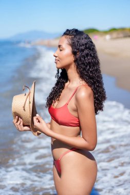 Zarif ve zarif bir kadın zarif bir şekilde kıyıda duruyor, elinde şık bir hasır şapka, sıcak güneşin ve dalgaların tadını çıkarırken canlı kırmızı bir bikini giyiyor.