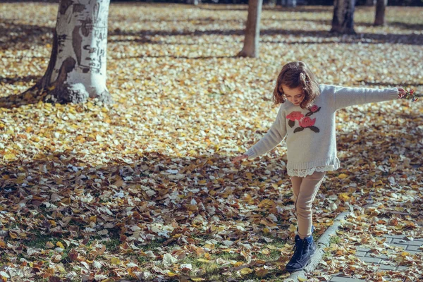 Kleines Mädchen spielt im Herbst im Stadtpark — Stockfoto