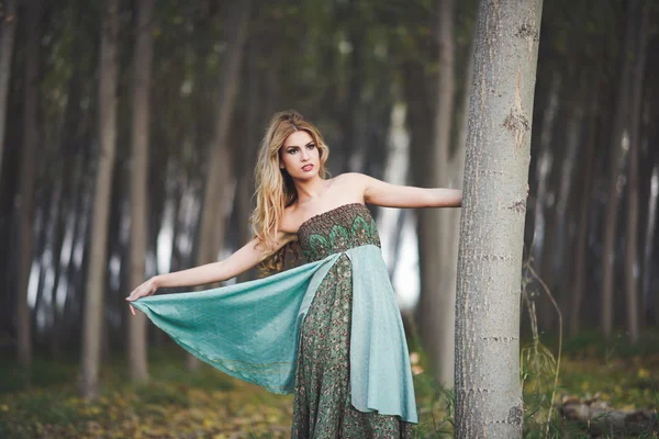 Blonde woman wearing vintage dress in a poplar forest — Stock Photo, Image