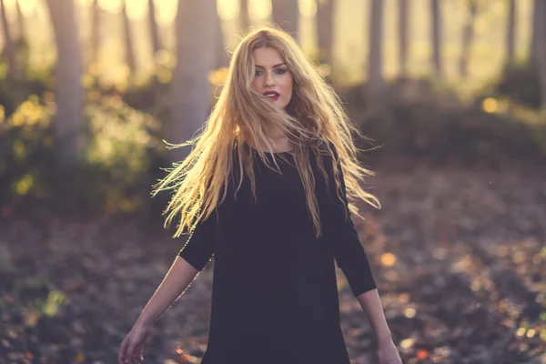 Mujer rubia joven bailando en el bosque de álamos —  Fotos de Stock