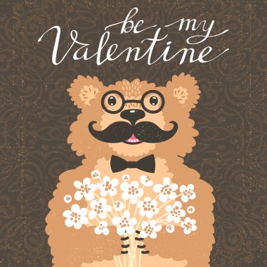 Benim sevgilim olmak. Hipster ayı bir buket çiçek ile. Karikatür tarzı Vintage kartı.