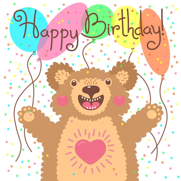 Cute happy birthday card with funny bear. — Stock Vector
