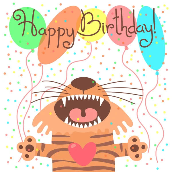 Cute happy birthday card with funny tiger. — Stock Vector