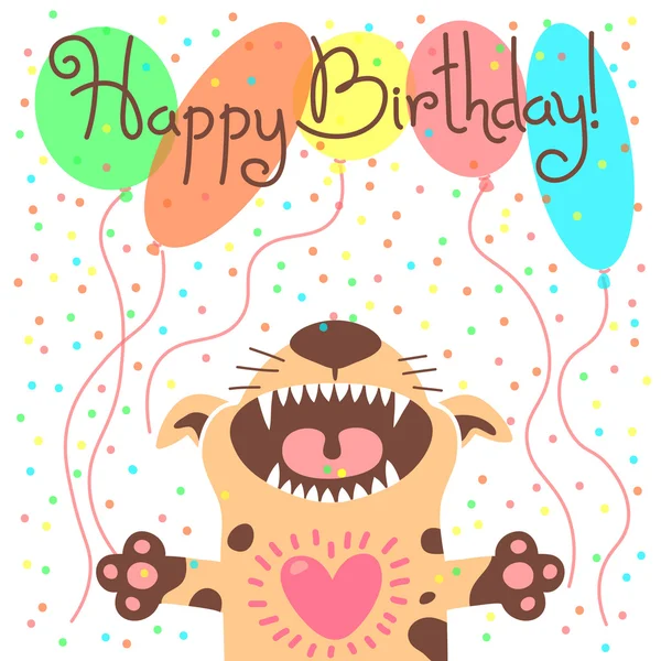 可爱的生日快乐卡与滑稽的小狗. — 图库矢量图片