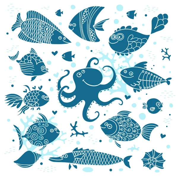Ställa in imprint söt fisk och bläckfisk för design. — Stock vektor