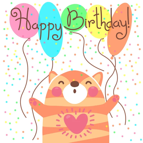 Cute happy birthday card with funny kitten. — Stock Vector
