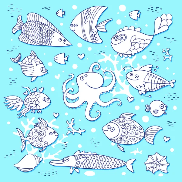 Набор милых рыб и осьминогов для дизайна детской раскраски — стоковый вектор