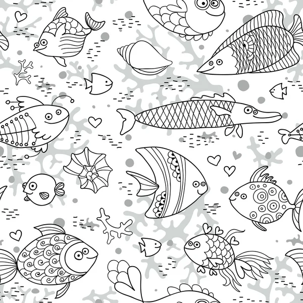 Background underwater world. Seamless pattern with cute fish, shells, corals. — Stock Vector