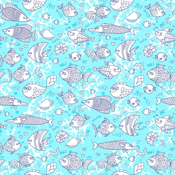 Background underwater world. Seamless pattern with cute fish, shells, corals. — Stock Vector