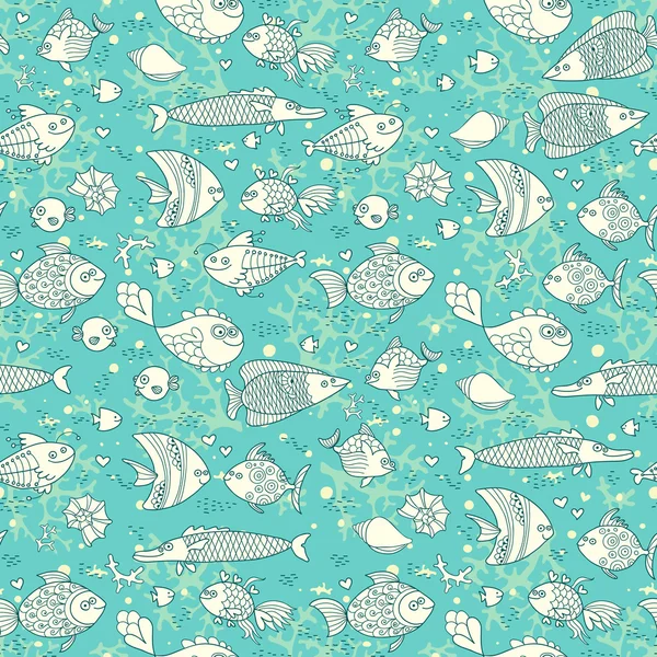 Background of underwater world. Seamless pattern with cute fish, shells, corals. — Stock Vector