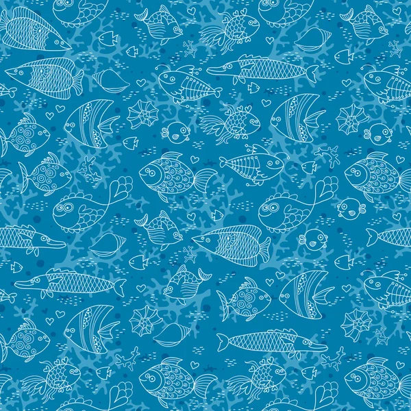 Background of underwater world. Seamless pattern with cute fish, shells, corals. — Stock Vector