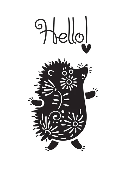 Funny vector illustration with hedgehog and lettering text - hello. Greeting card design, t-shirt print, invitation template — Stock Vector