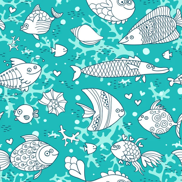 Hintergrund Unterwasserwelt. nahtloses Muster mit niedlichen Fischen, Muscheln, Korallen. — Stockvektor