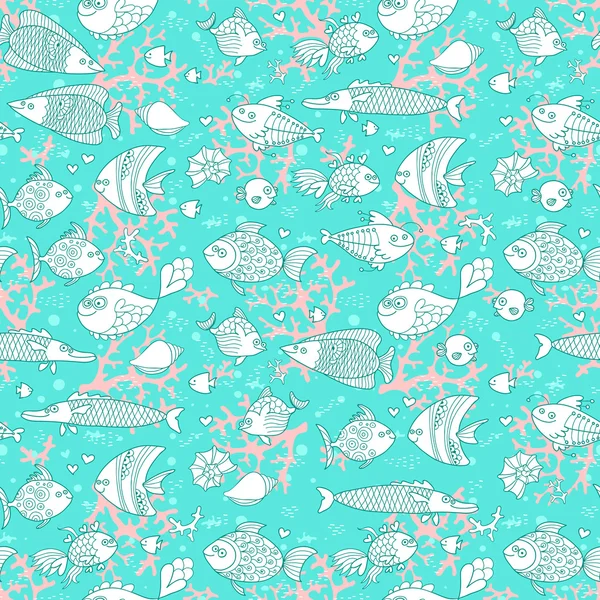 Background of underwater world. Seamless pattern with cute fish, shells, corals. — Stock Vector