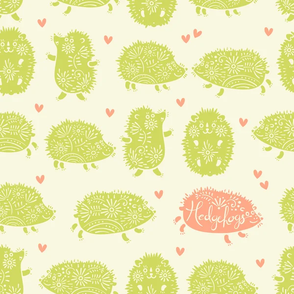 Seamless pattern with decorative hedgehogs. Cute kids background. — Stock Vector