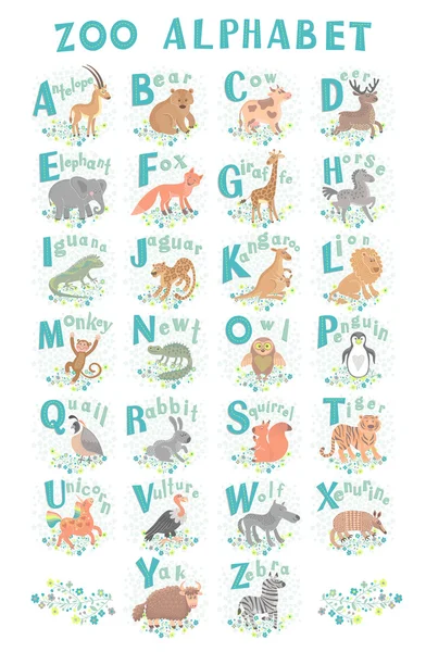 Söta vektor zoo alfabetet. Roliga tecknade djur. Bokstäver. Lära sig läsa. — Stock vektor