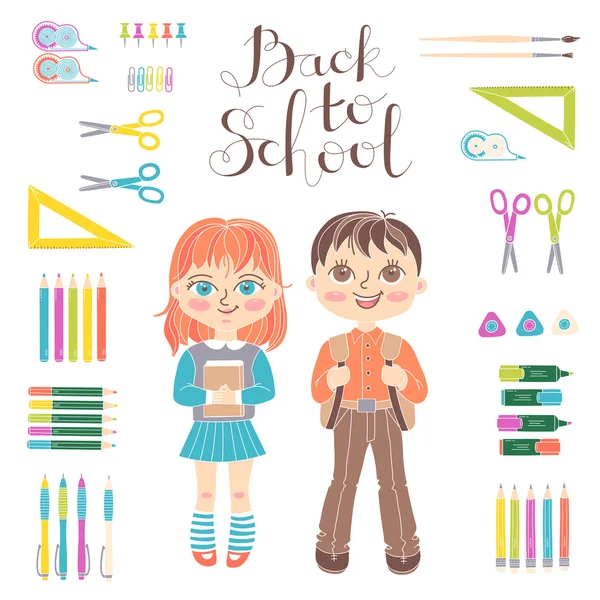 Set educational elements of design. Students girl and boy. Stationery. Lettering Back to School. — Stock Vector