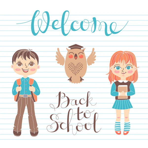 Set educational elements of design. Students girl and boy. Owl. Lettering Welcome Back to School. — Stock Vector