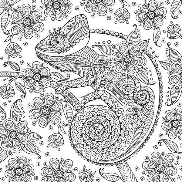 Ilustración vectorial en blanco y negro con un camaleón en patrones étnicos en la rama floreciente. Se puede utilizar como colorante antiestrés para adultos niños — Vector de stock
