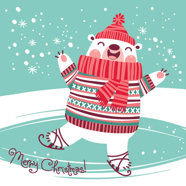 Noel kartı ile bir buz pateni pisti üzerinde şirin kutup ayısı. — Stok Vektör