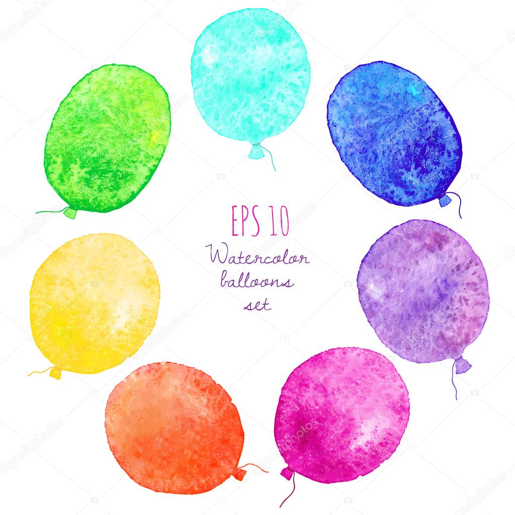 Set of multicolored balloons. Painted in watercolor.