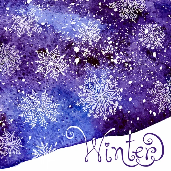 Fondo de invierno con copos de nieve. Pintura. Salpicadura de acuarela . — Vector de stock