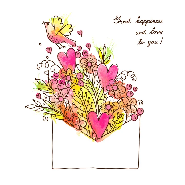 Tarjeta de felicitación con corazones, aves y flores . — Vector de stock