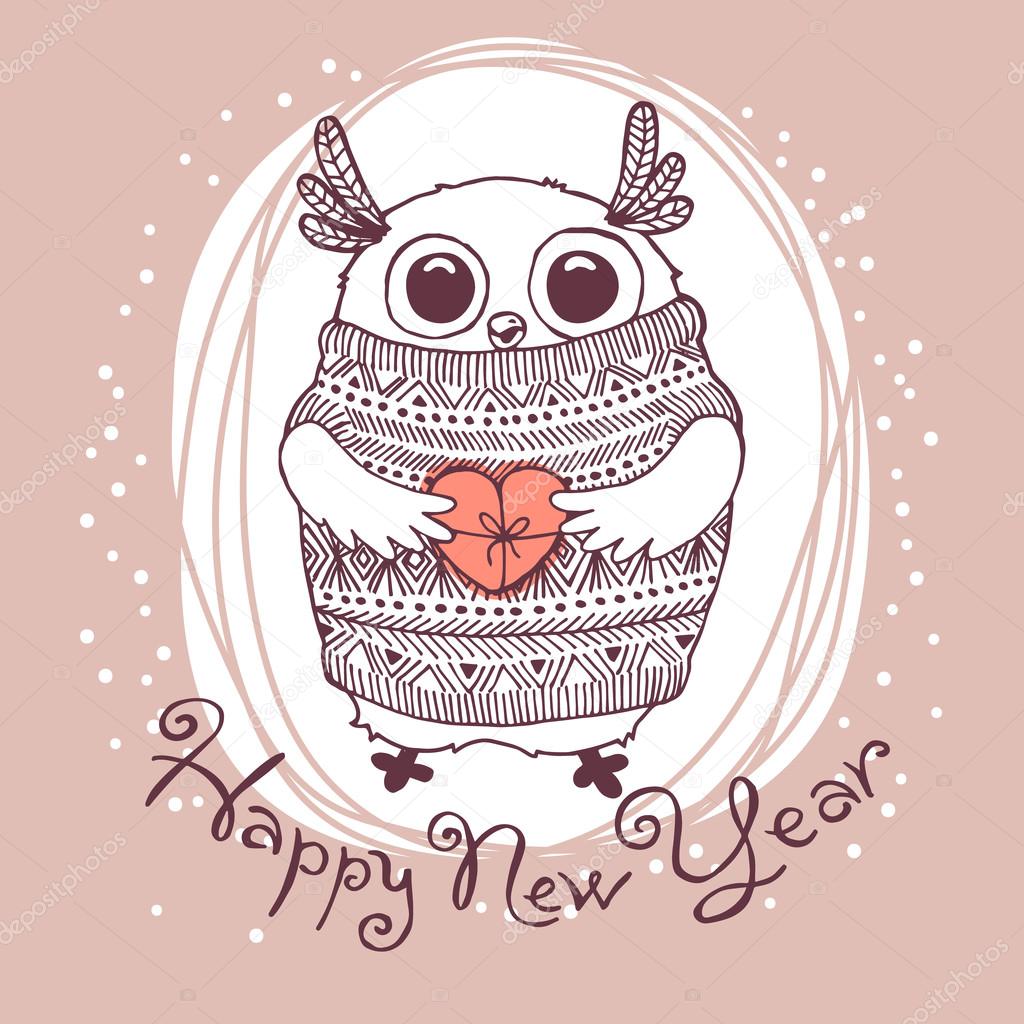 Hand drawn vector illustration with cute eagle owl. Happy New Year card
