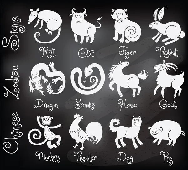Illustrationer eller ikoner av alla tolv kinesiska zodiakdjur. — Stock vektor