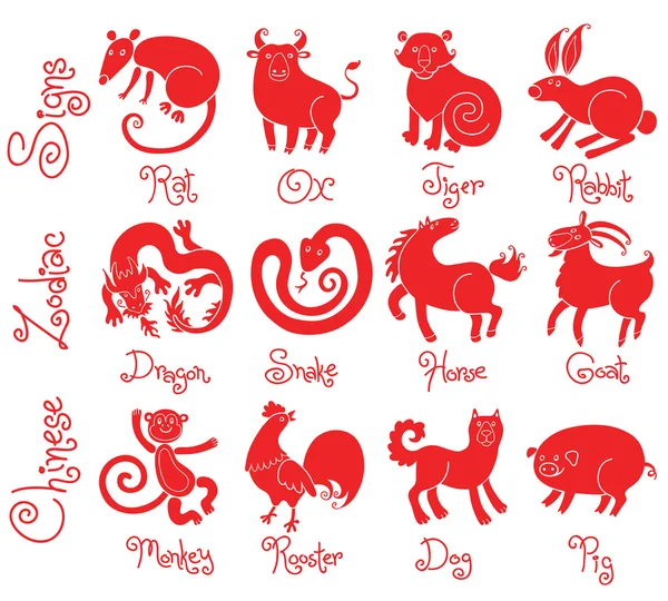 Ilustracje lub ikony wszystkich dwunastu chińskich zwierząt zodiakalnych. — Wektor stockowy
