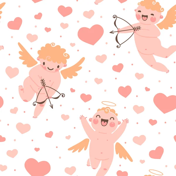 Valentines Day romantic seamless pattern with cute cupid and hearts. — Stock Vector